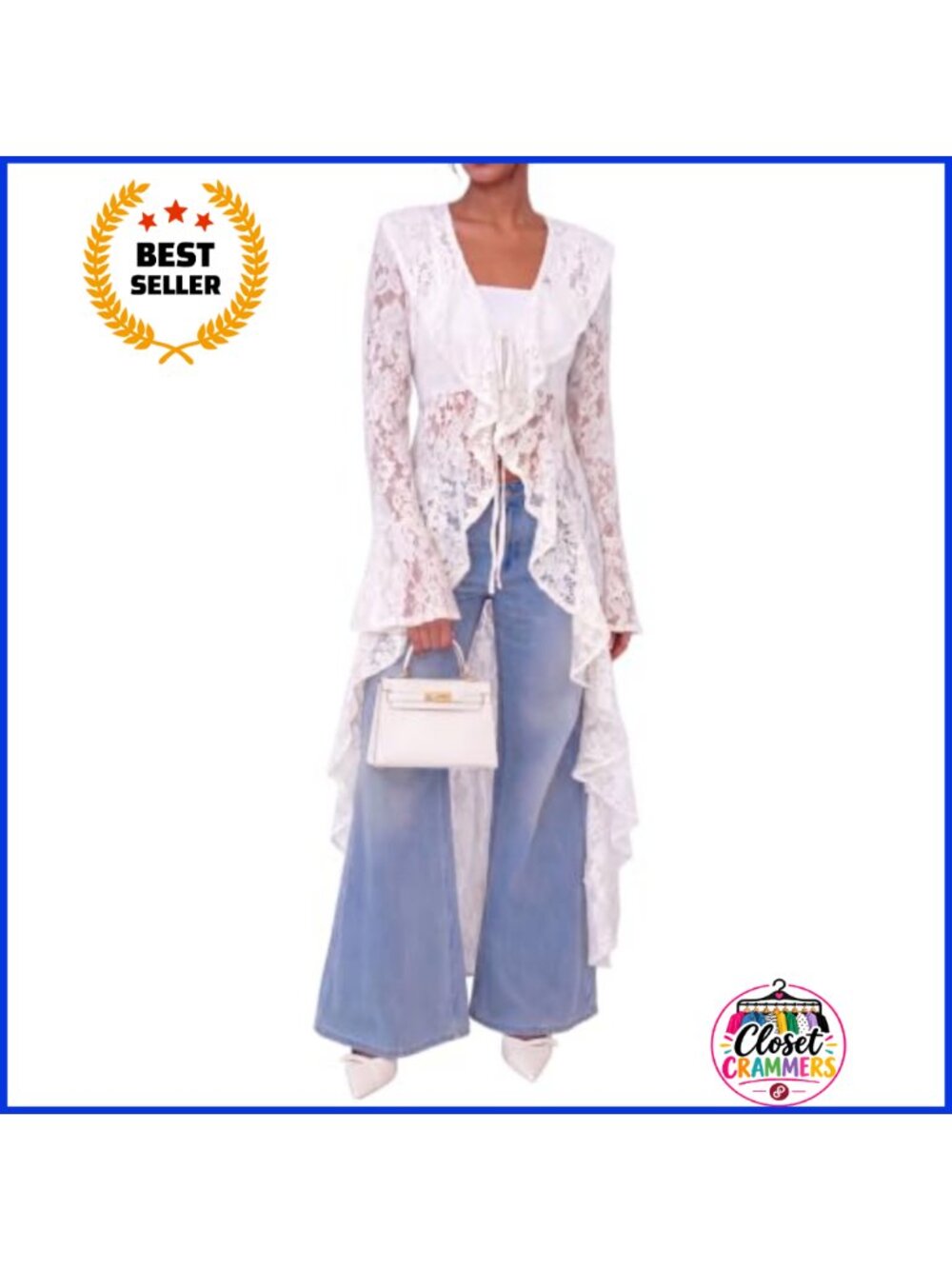 Lace Maxi Cardigan Sheer Bell Sleeve Open Tie Front Beach Coverup